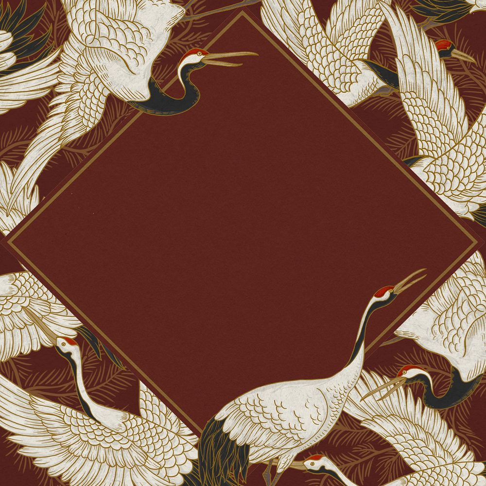 Vintage Japanese cranes background, rhombus frame, editable design