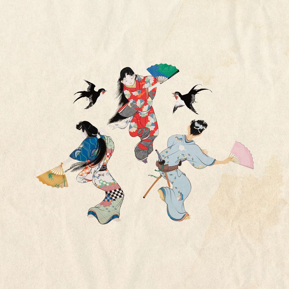 Editable vintage Japanese traditional dance, female performer ukiyo-e remix