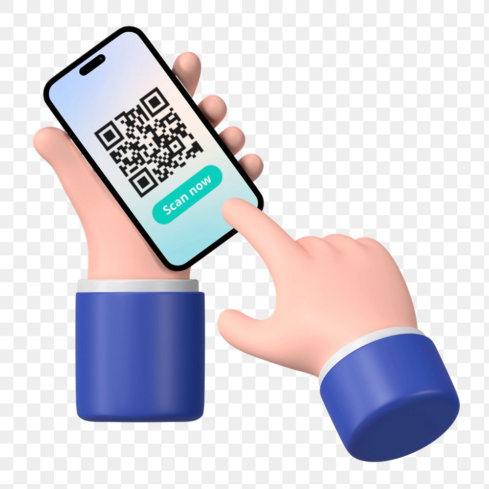 Hands scanning QR code smartphone, 3D graphic, editable elements