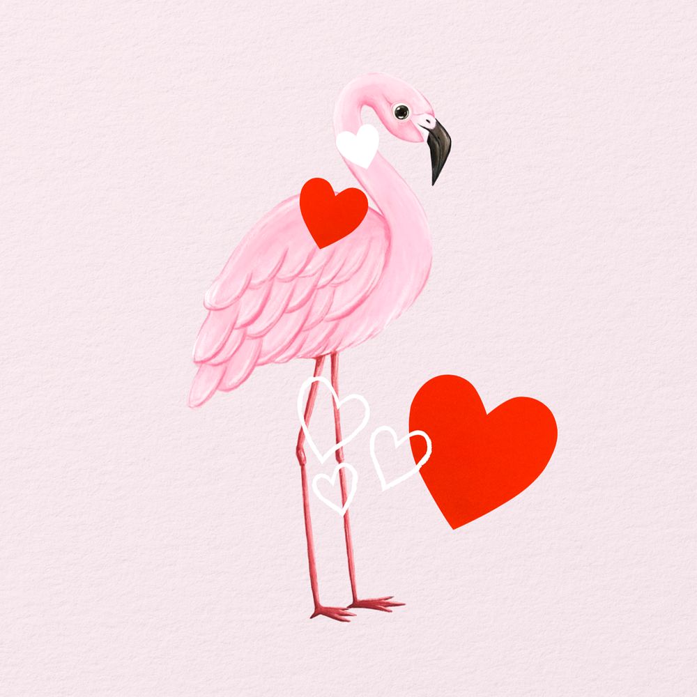 Editable pink Valentine's day, hand-drawn flamingo