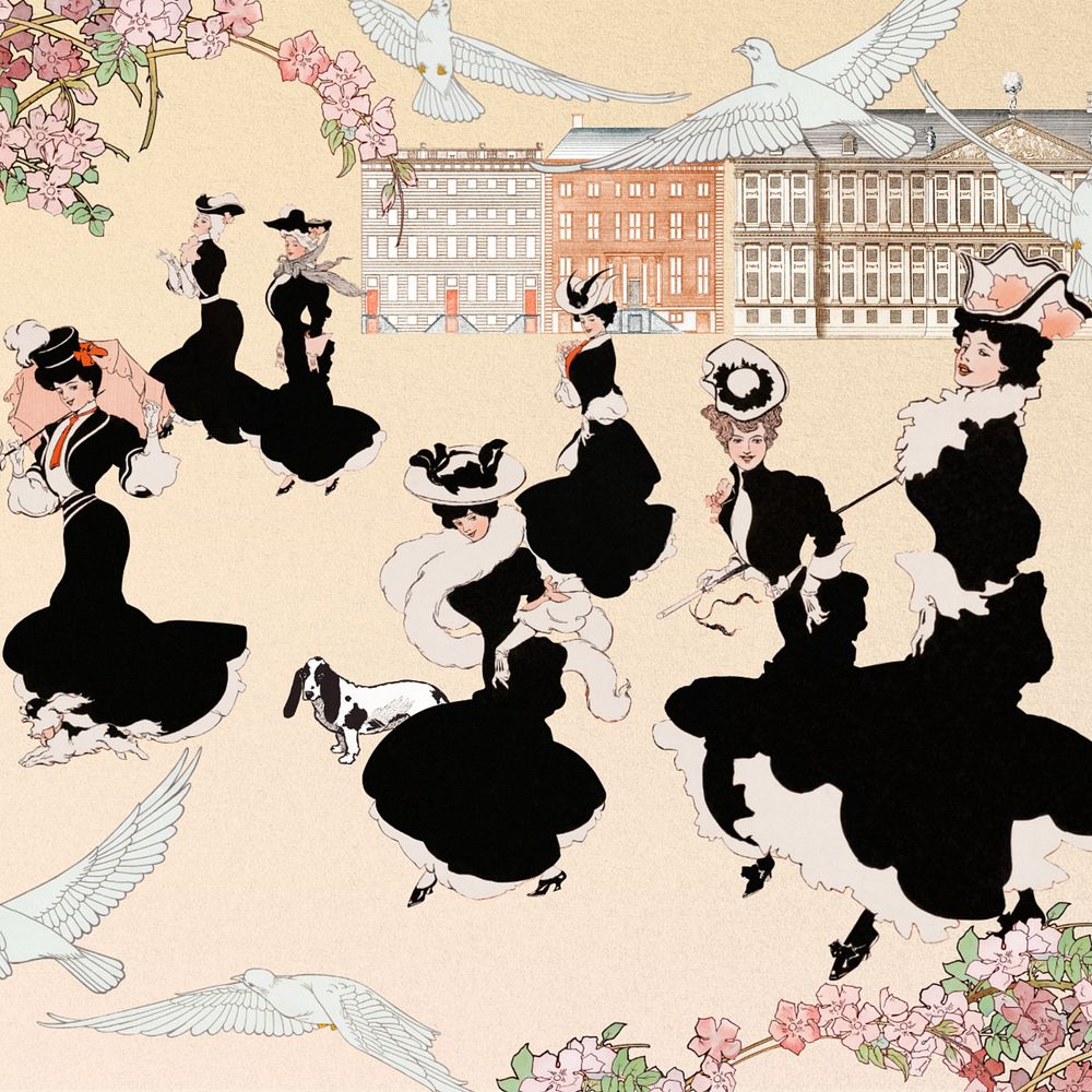 Victorian women strolling background, editable vintage illustration, remixed by rawpixel