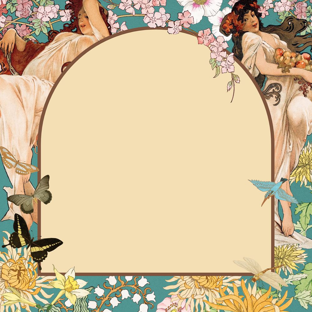 Vintage flower frame background, editable goddess illustrations, remixed from the artwork of Alphonse Mucha