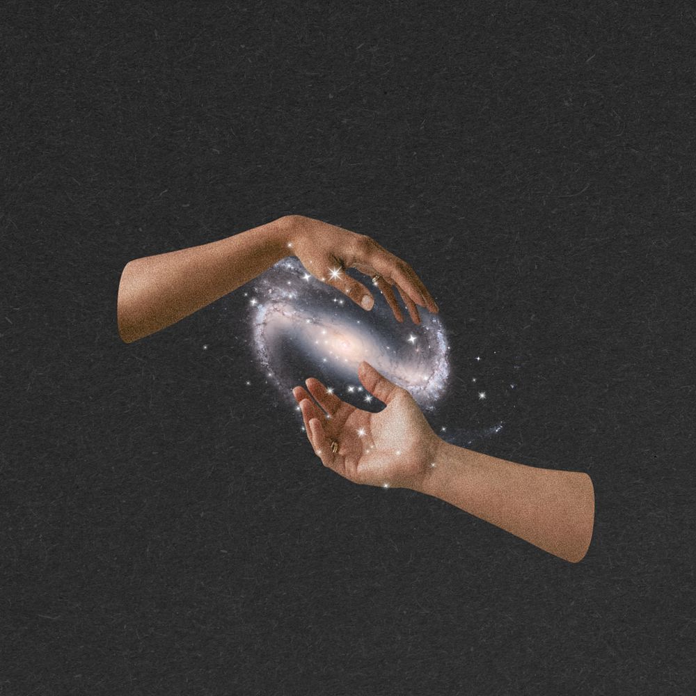 Galaxy hands dark background, magic design