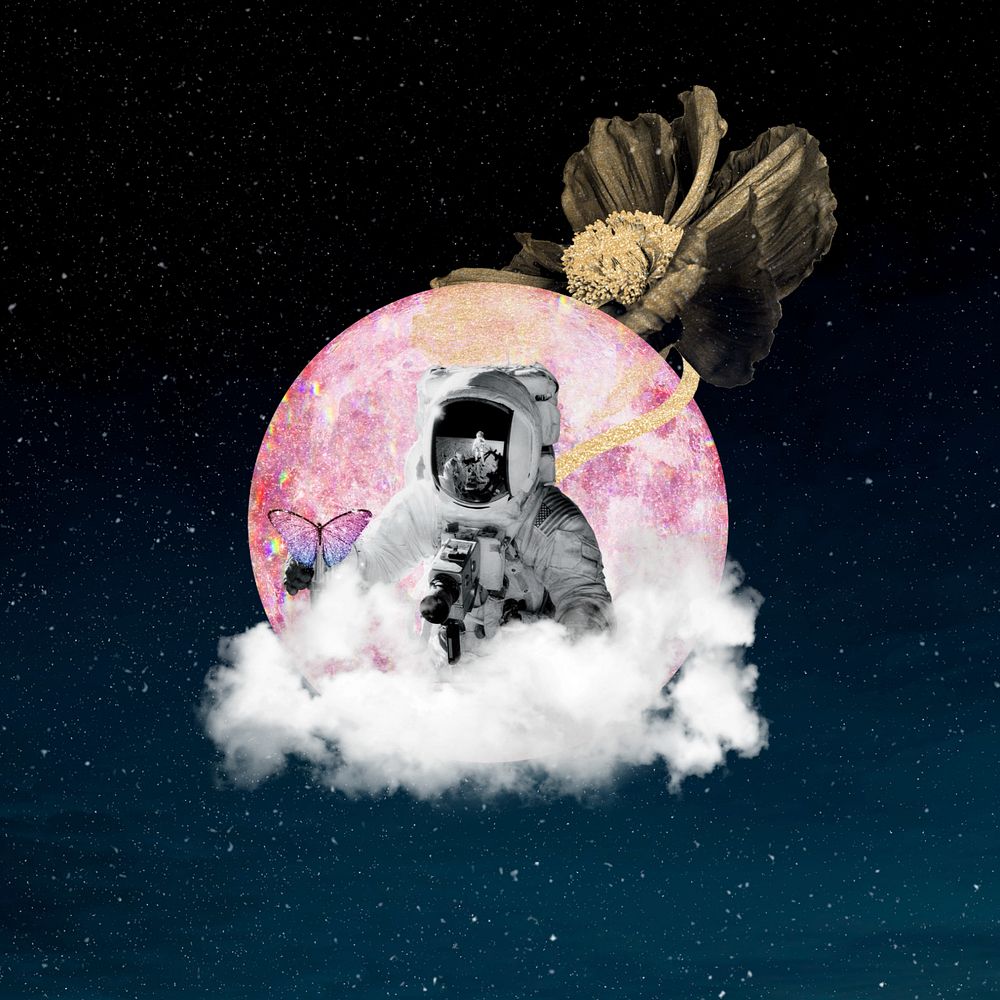 Aesthetic astronaut dark background, pink moon design