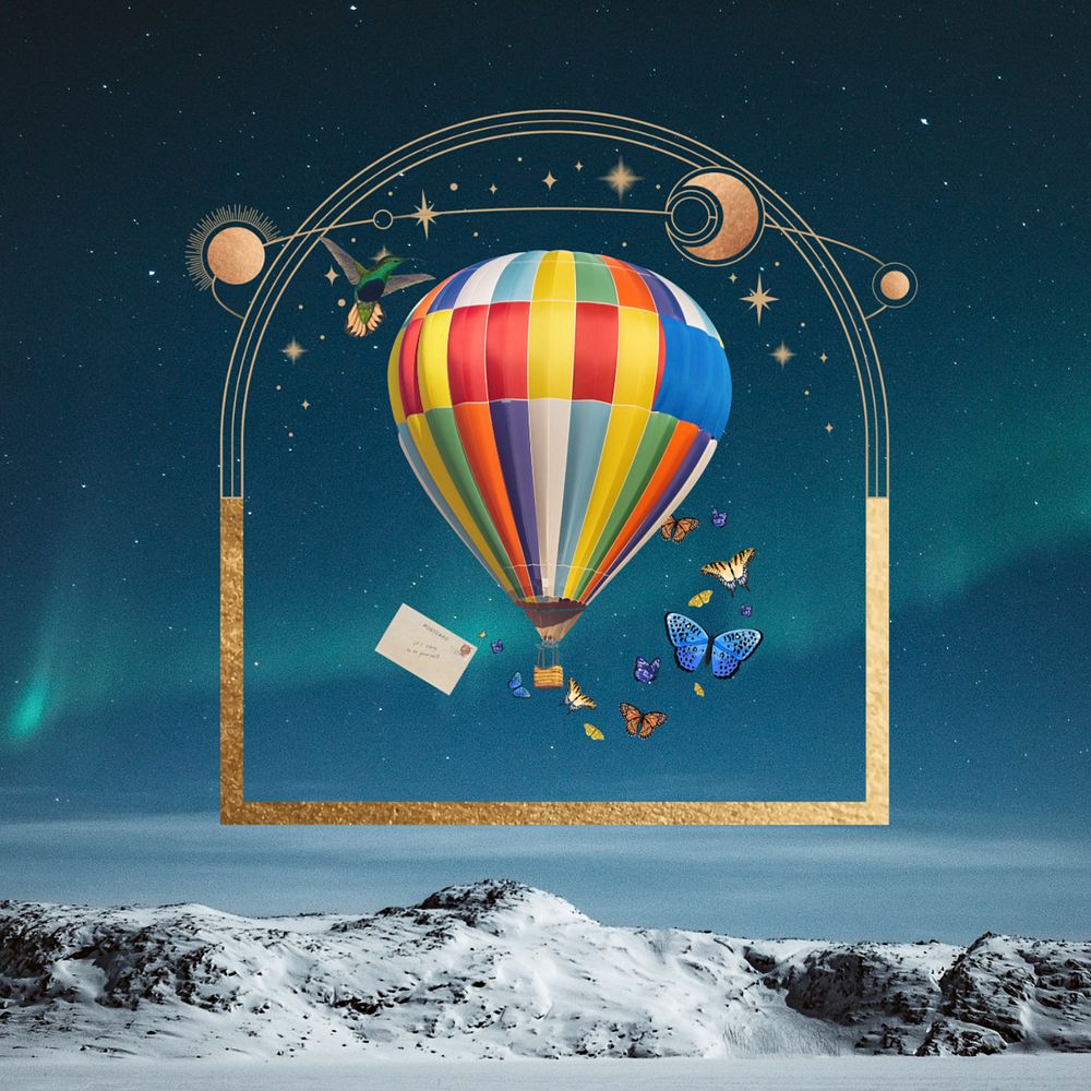 Aesthetic travel dark background, hot air balloon design