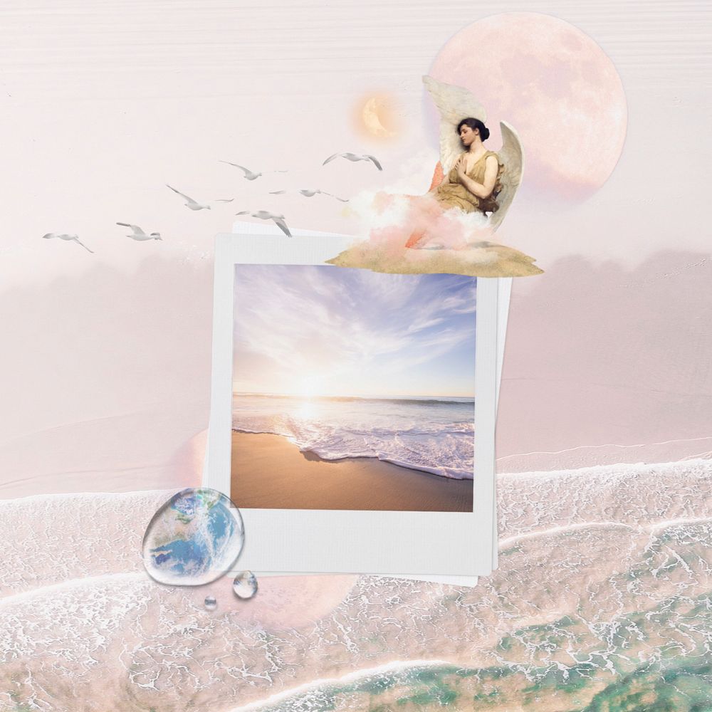 Aesthetic beach background, instant photo design