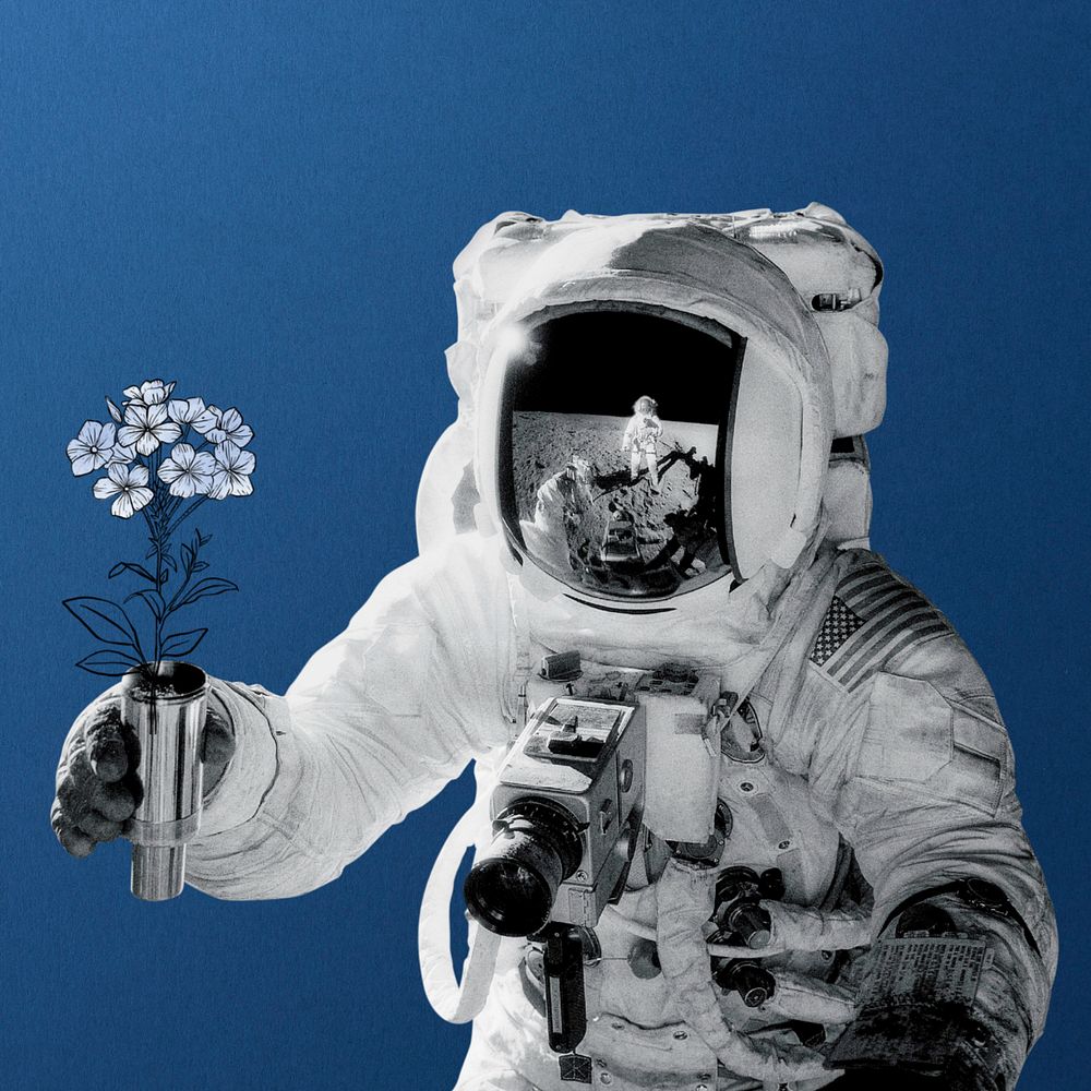 Aesthetic astronaut blue background, flower design