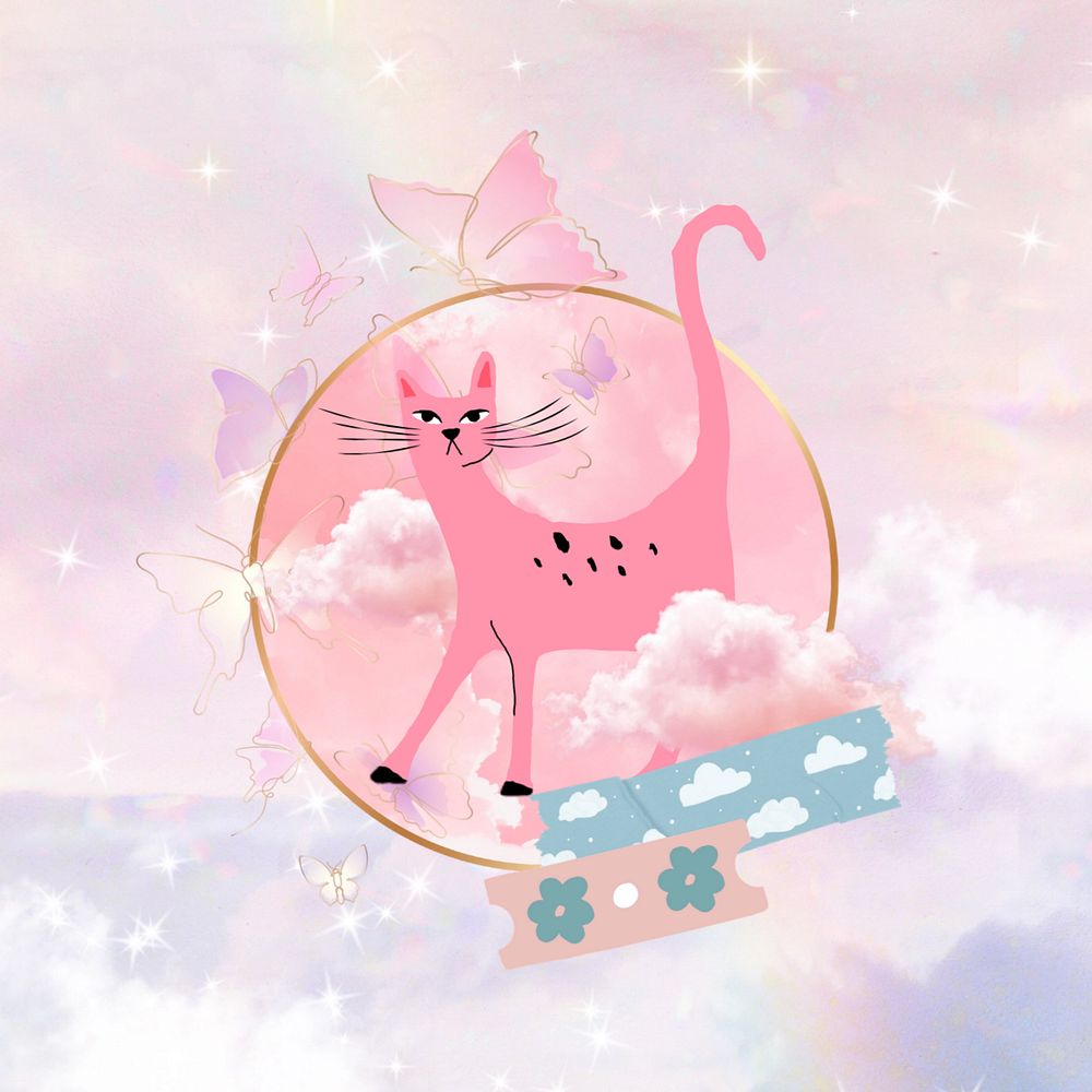 Cartoon cat dreamscape background, pink sky remix