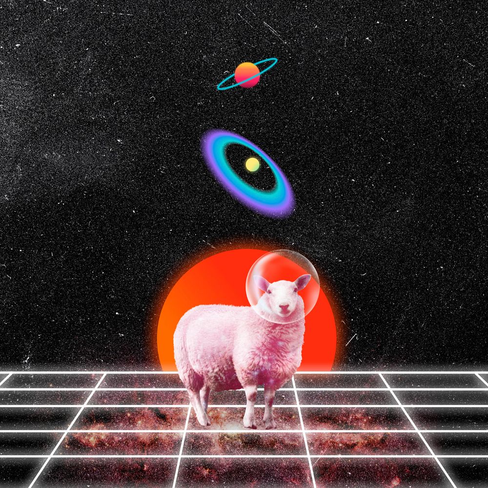 Surreal space sheep background, retro vaporwave