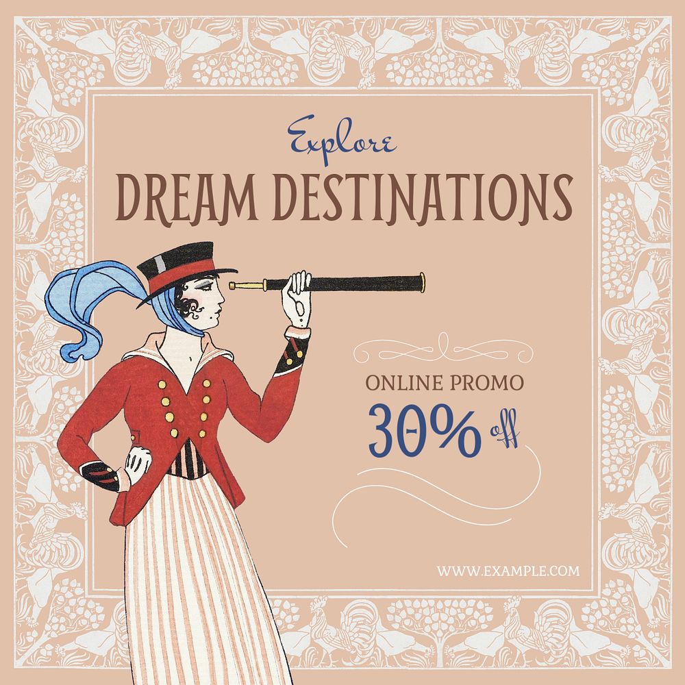 Travel promotion Instagram post template, editable Art Nouveau design, remixed by rawpixel