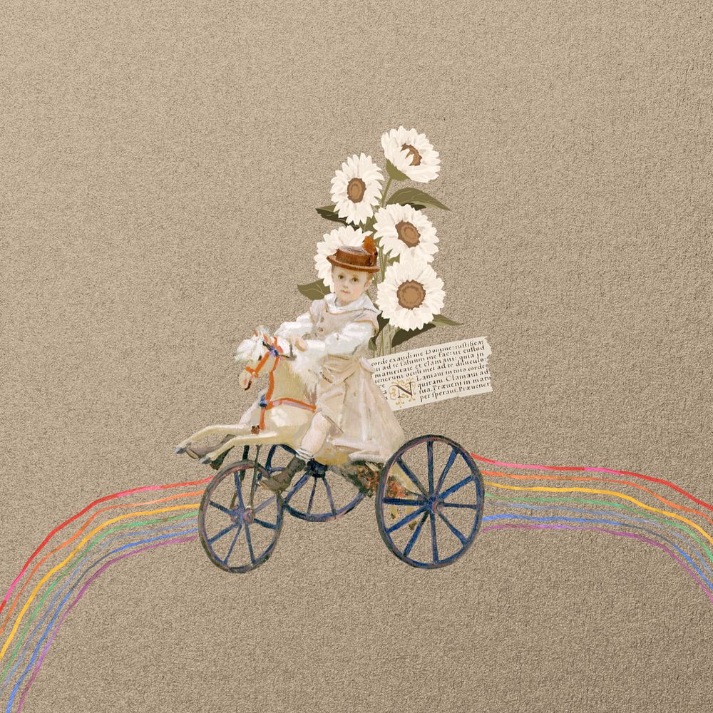 Vintage tricycle girl background, rainbow path