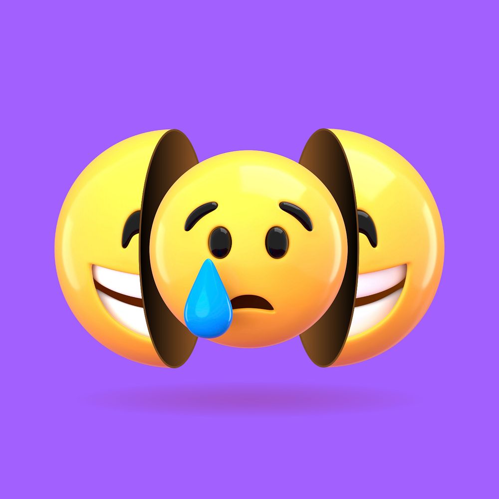 Crying emoticon, hiding behind smiling face, editable design