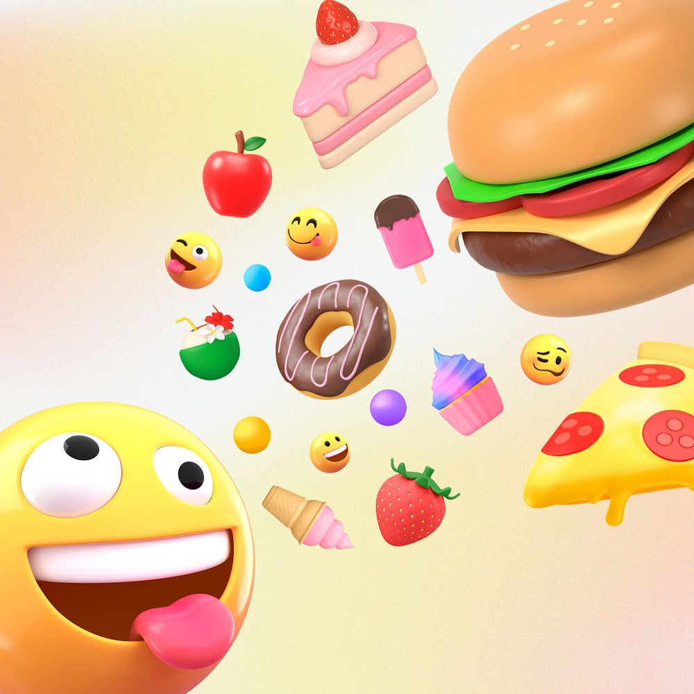 3D emoticon eating fast food, editable remix illustration