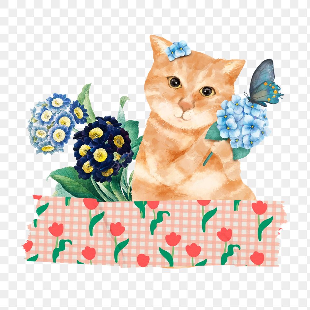 Floral ginger cat, washi tape collage element