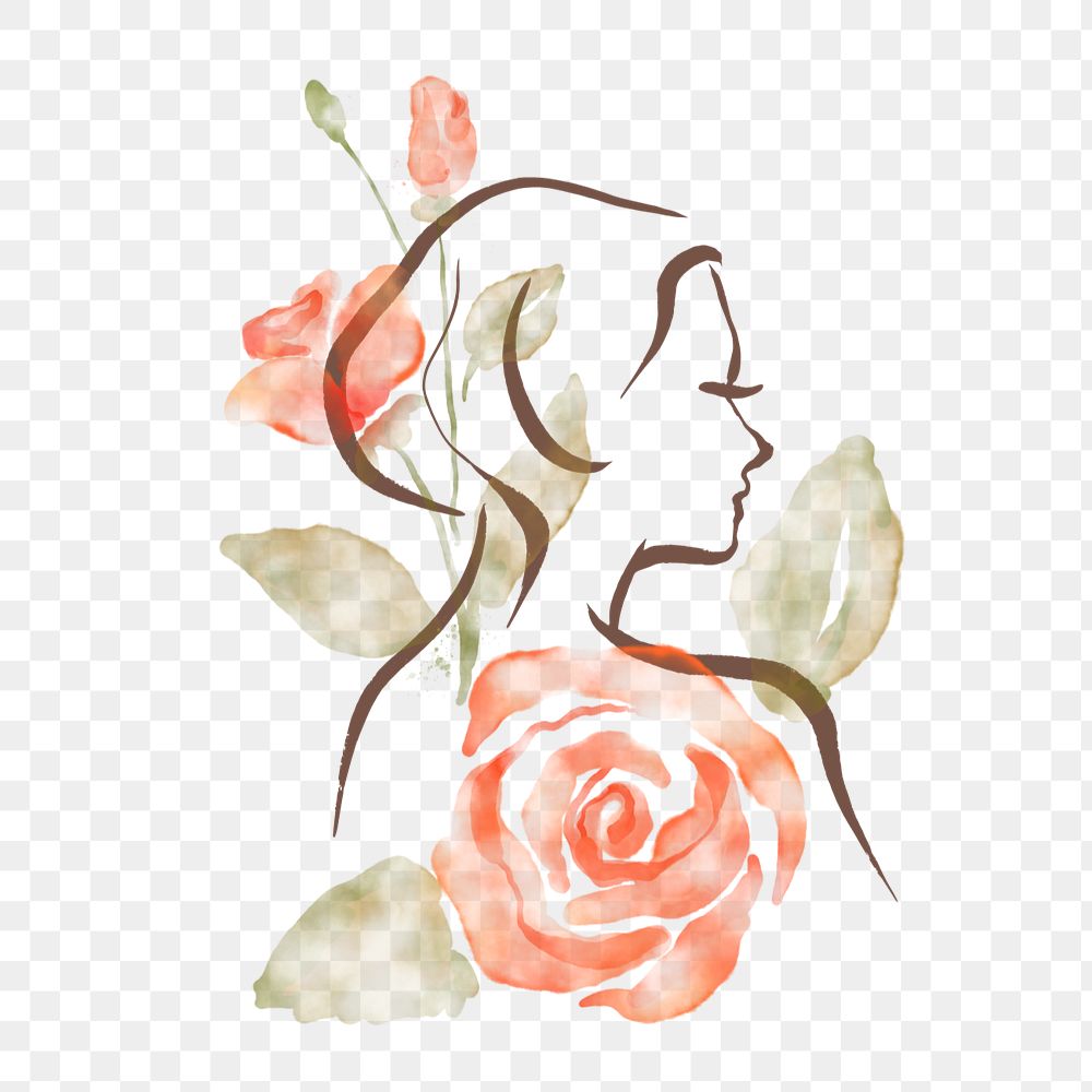 Woman line art, rose watercolor sticker