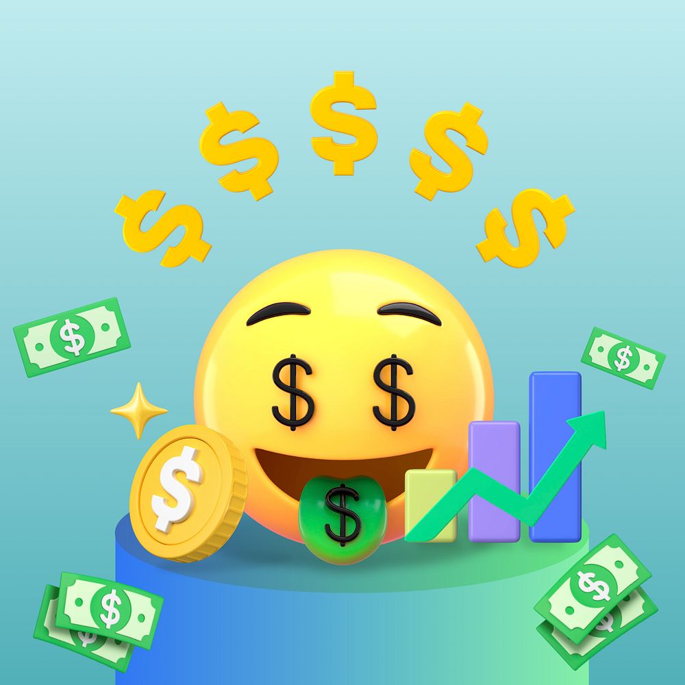 Money-mouth face 3D emoticon, growing revenue business graphic, editable design