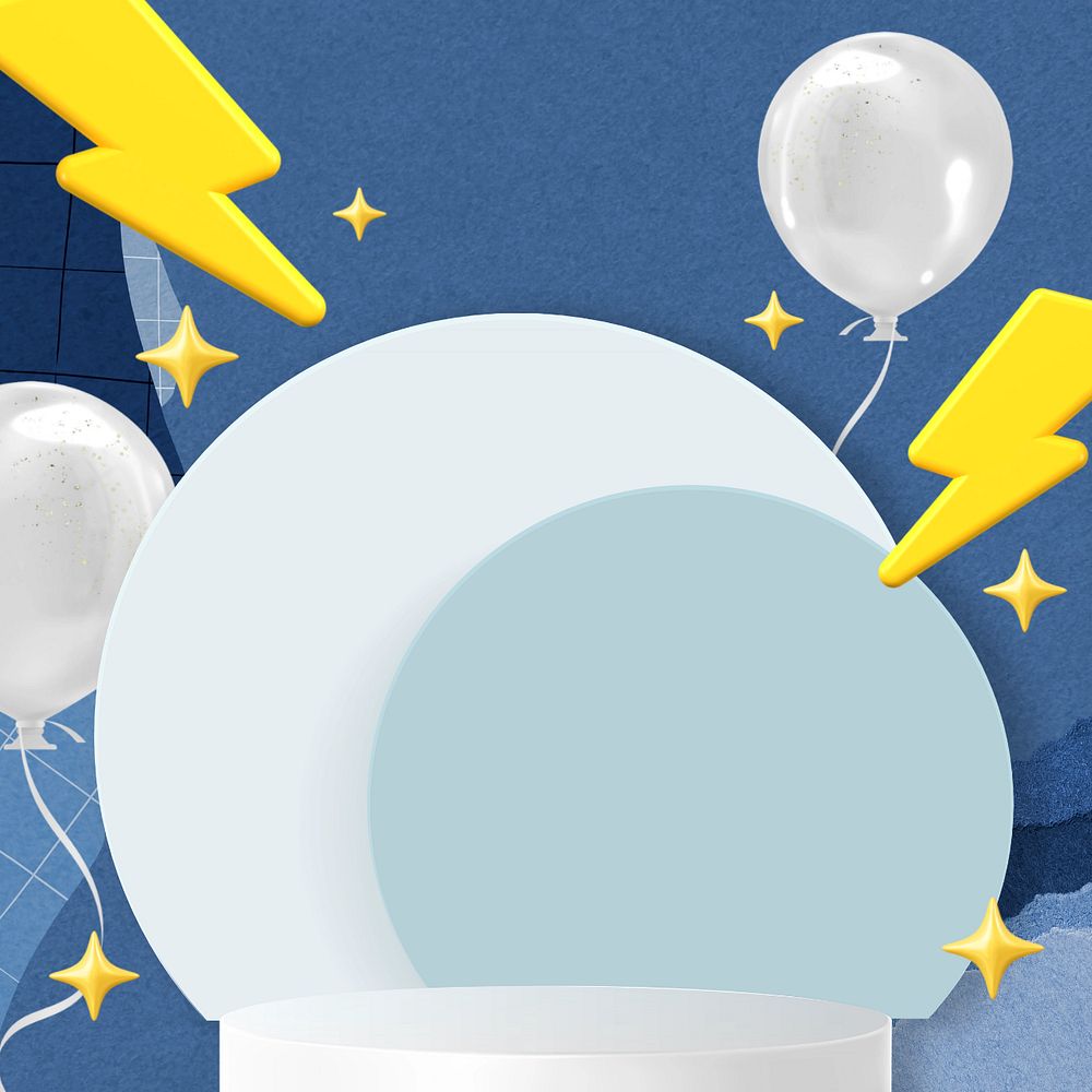 3D floating balloons, blue product backdrop editable design