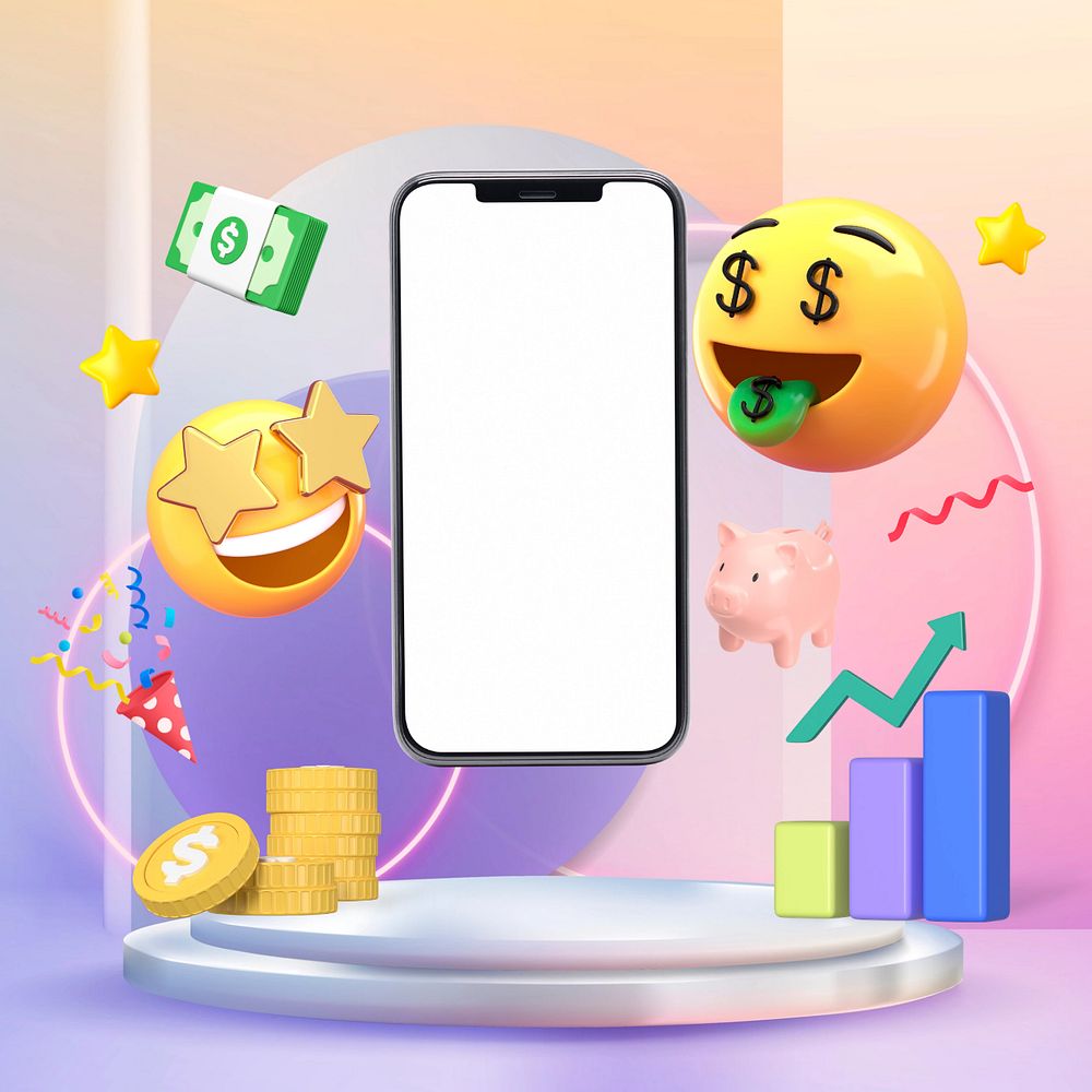 Money-mouth face emoticon phone screen, growing revenue business, editable design