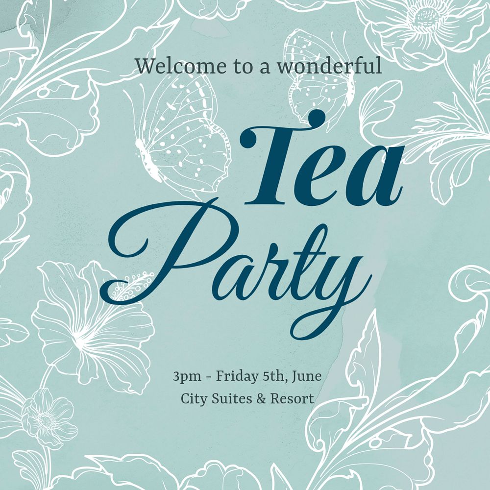 Tea party Instagram post template, editable floral green blue design