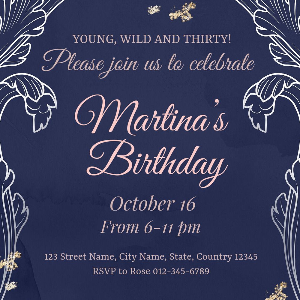 Birthday party Facebook post template, editable floral blue design