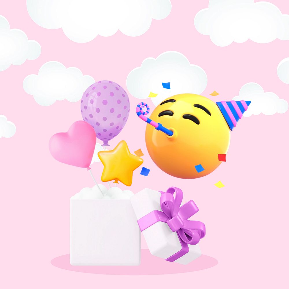 Birthday party emoticon, pink 3D design