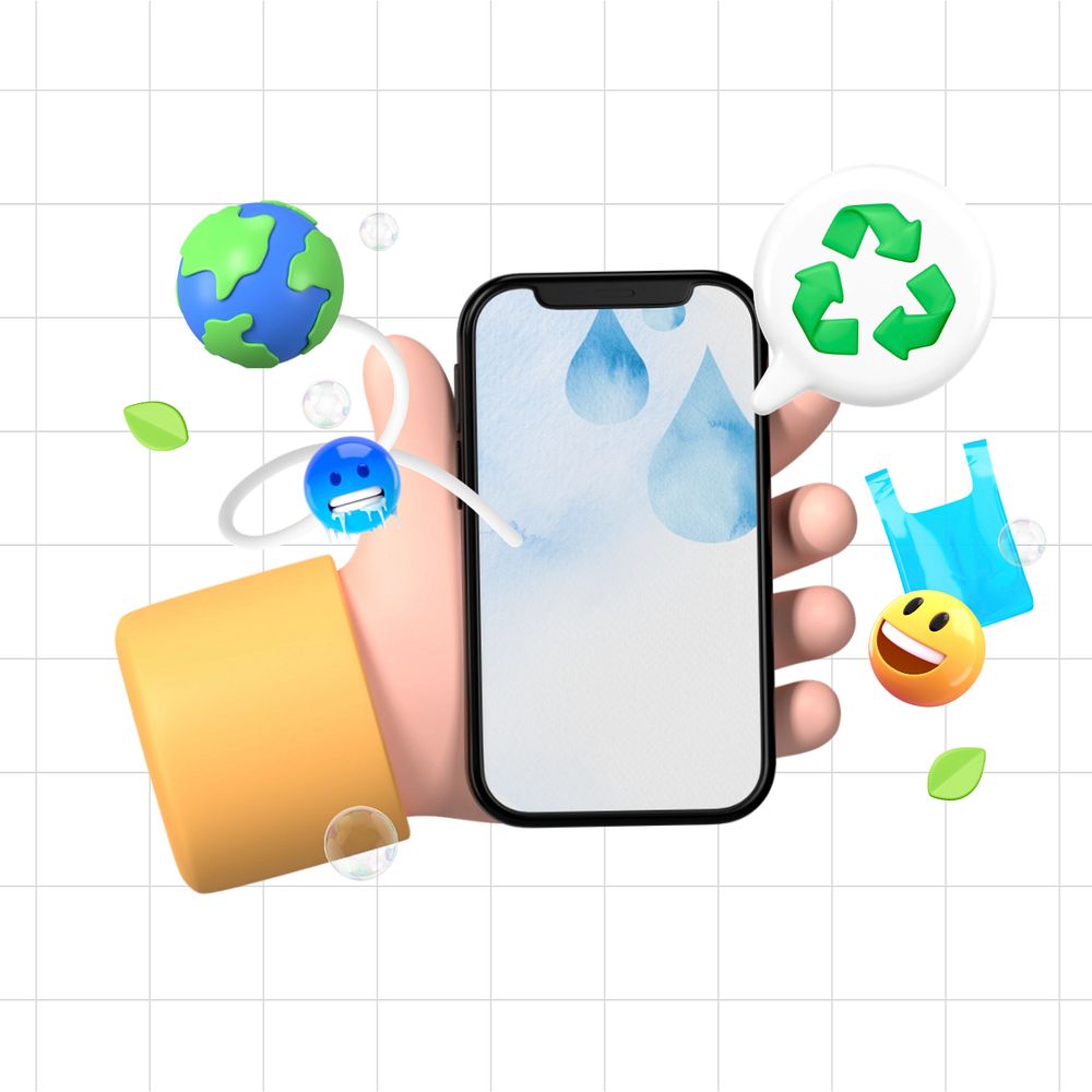 3D recycling awareness, hand holding a phone illustration