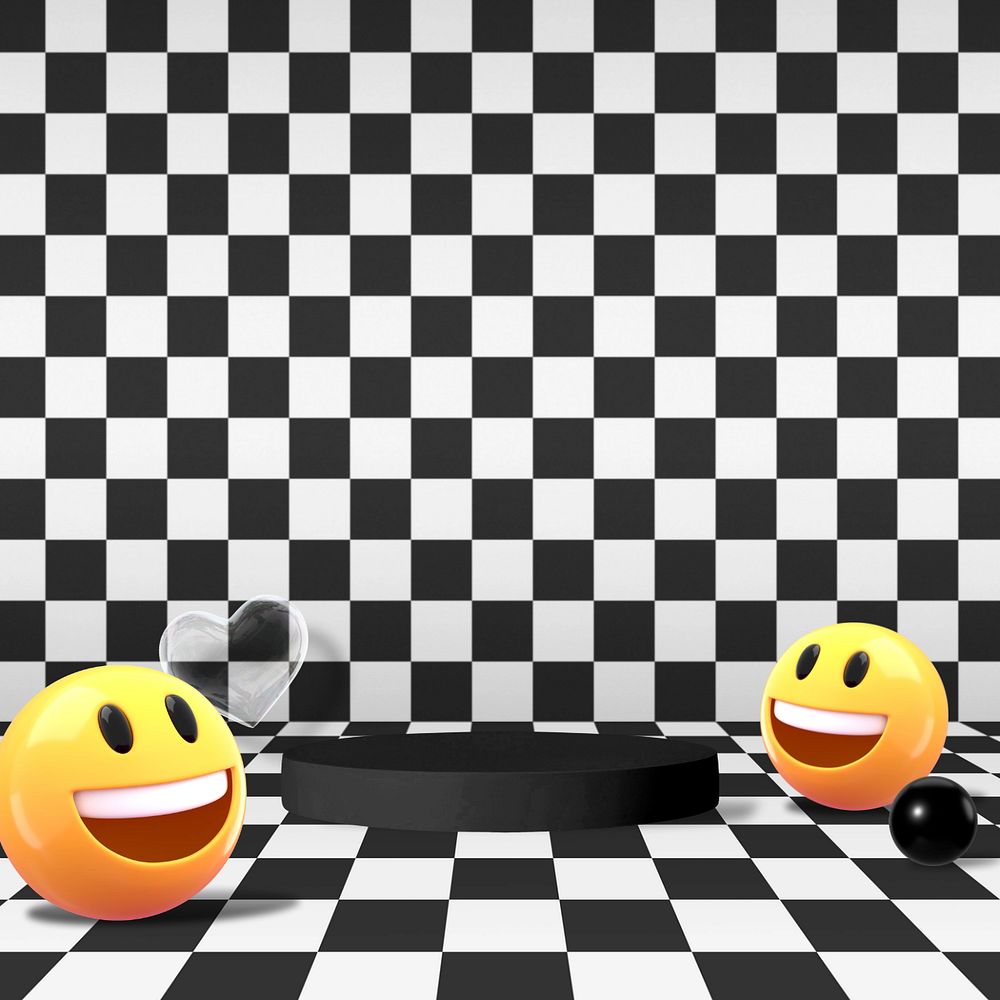 3D emoticons background, black checkered product backdrop, editable design