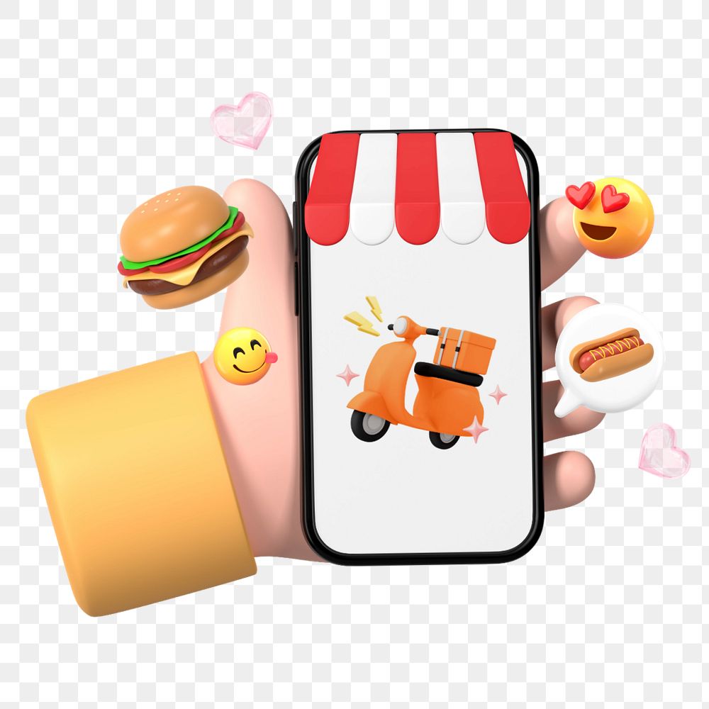 3D food delivery app element, editable emoticon illustration