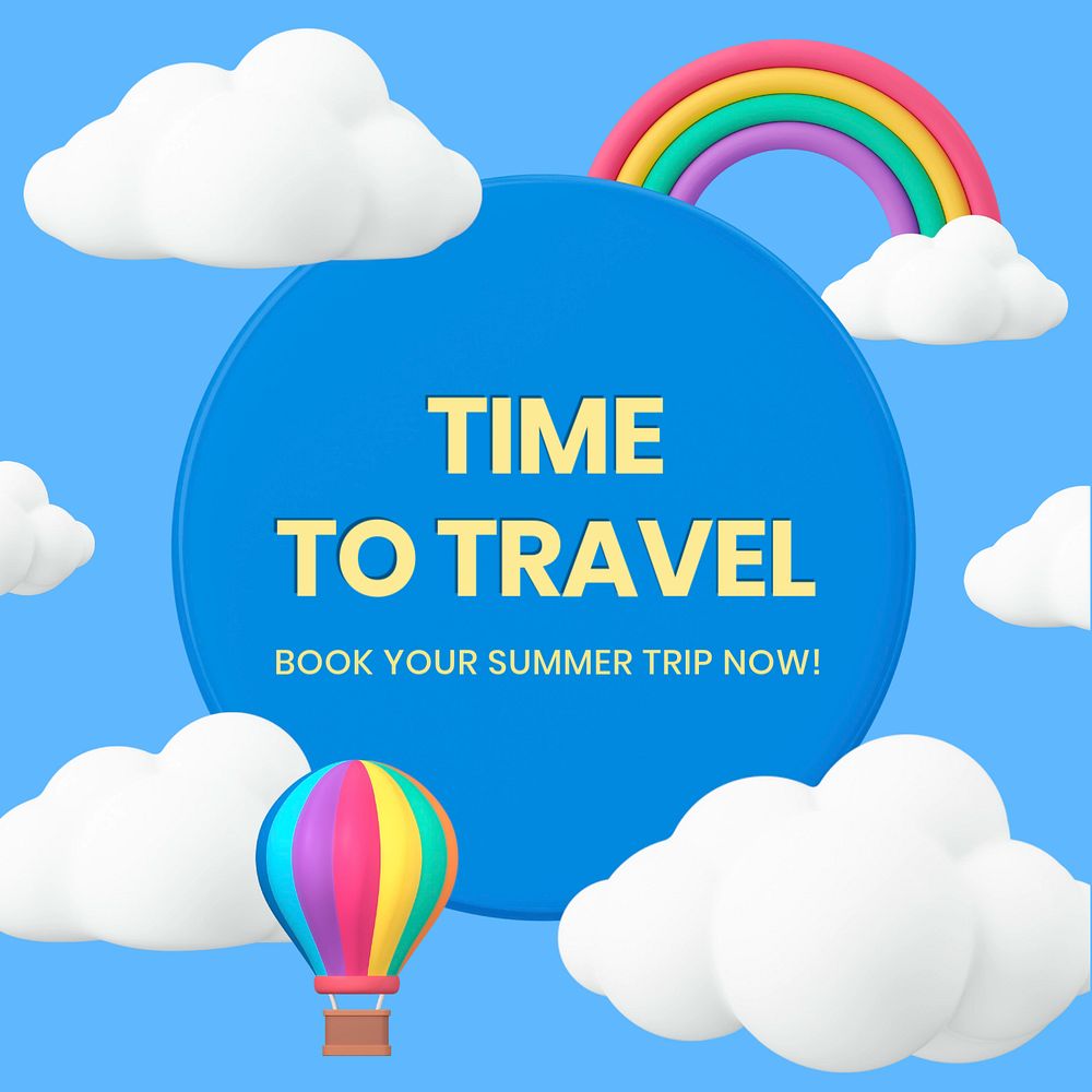 Travel time Instagram post template, cute 3D design