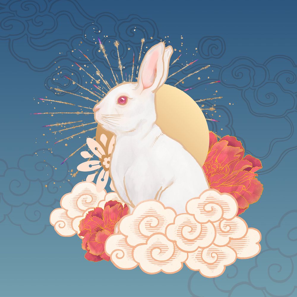 Oriental blue rabbit, Chinese zodiac animal, editable design