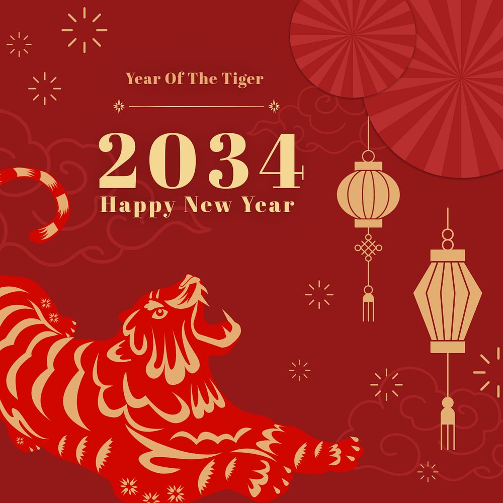 Tiger year Instagram post template, editable red Chinese design