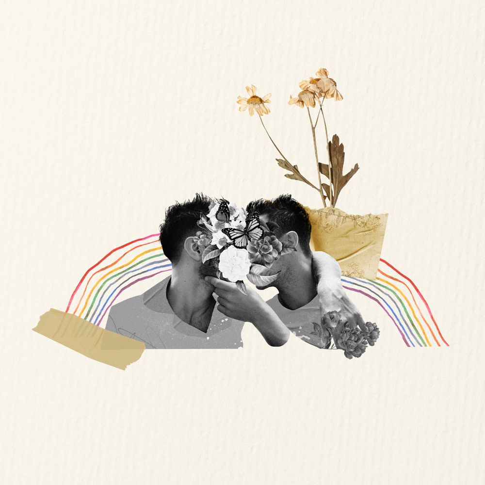 Gay couple kissing, LGBTQ community, editable design