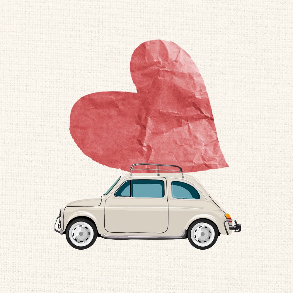 Cute Valentine's collage element, heart on car graphic, editable design