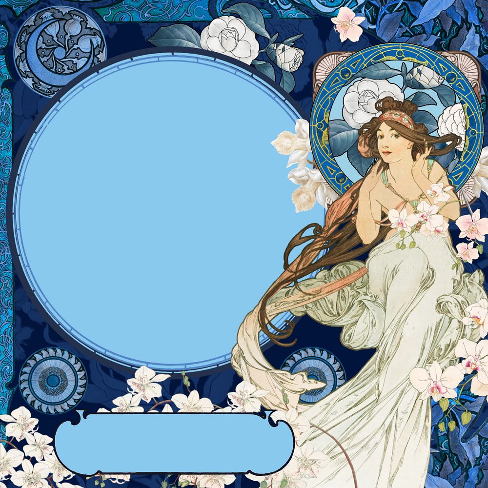 Blue celestial goddess background, editable Alphonse Mucha's famous artwork, remixed by rawpixel