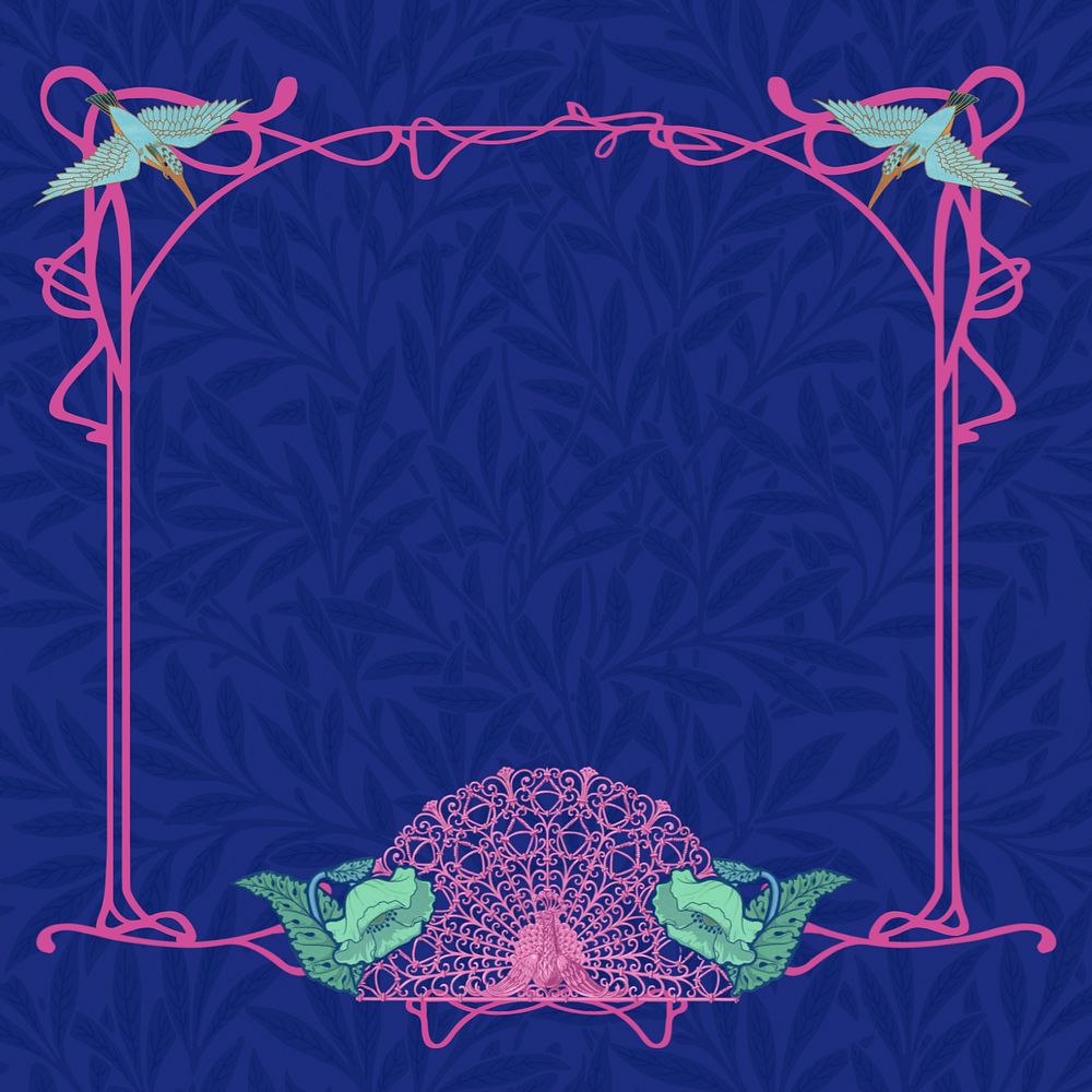 Blue leaf patterned background, editable pink ornamental frame, remixed from the artwork of William Morris