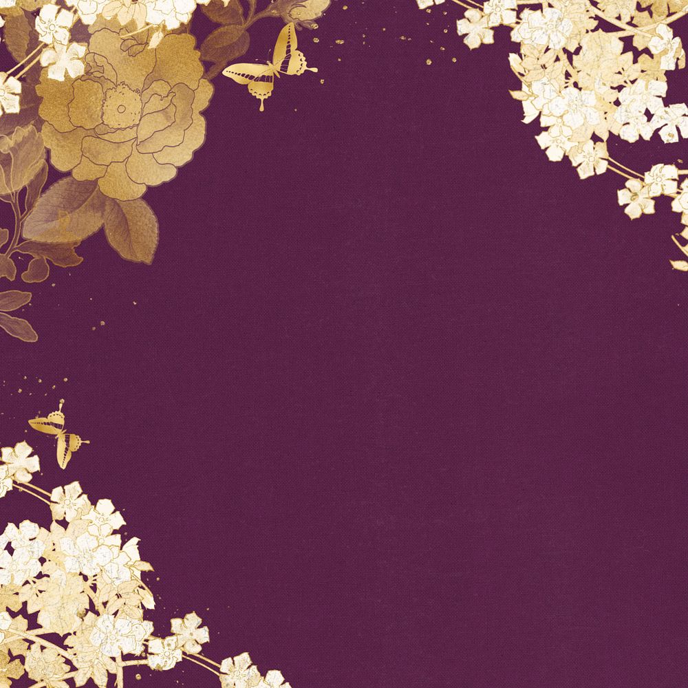 Editable purple background, gold flower border, remixed by rawpixel