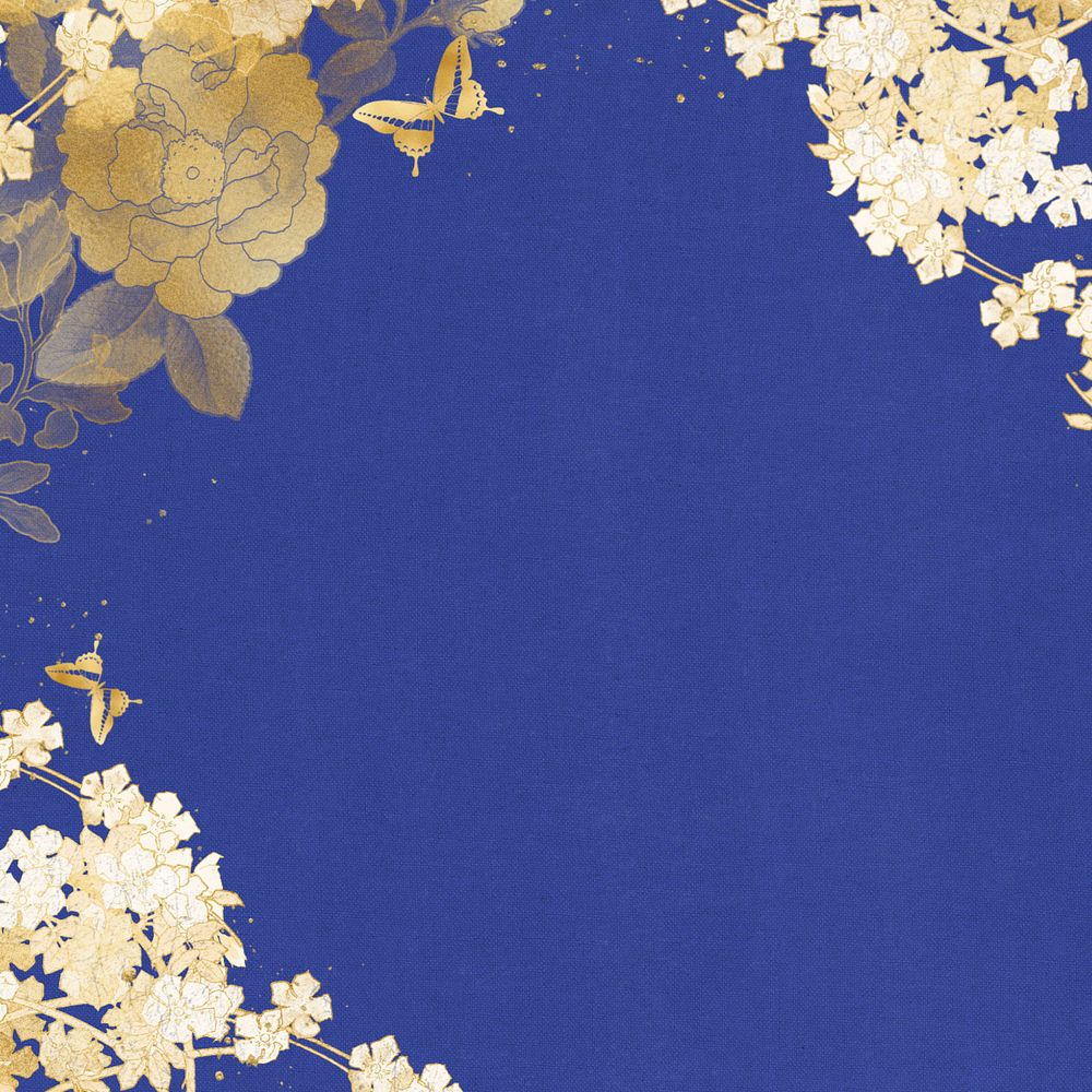 Editable blue background, gold flower border, remixed by rawpixel