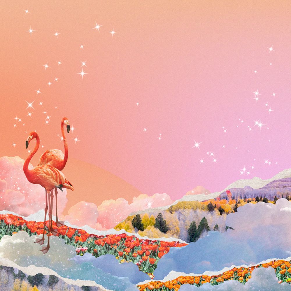 Dreamy flamingo background, surreal ripped paper border, editable design