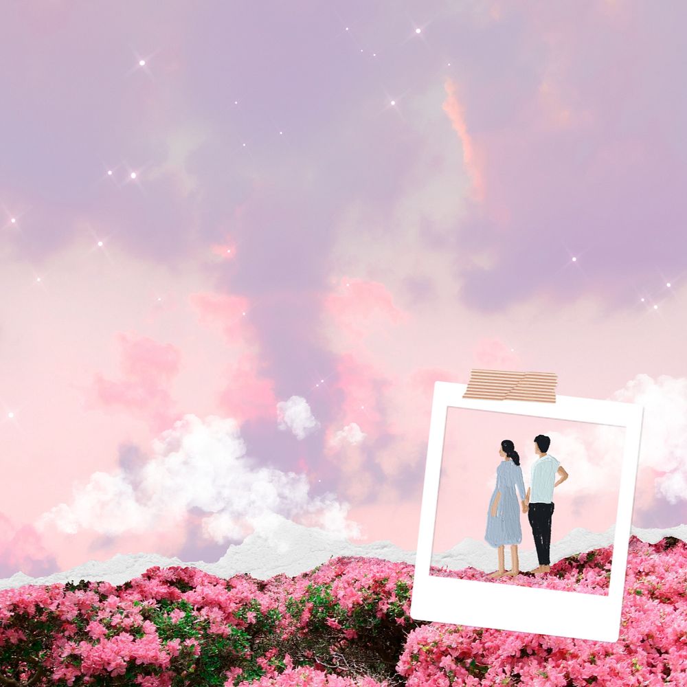 Aesthetic couple dreamscape background, pink sky, editable design