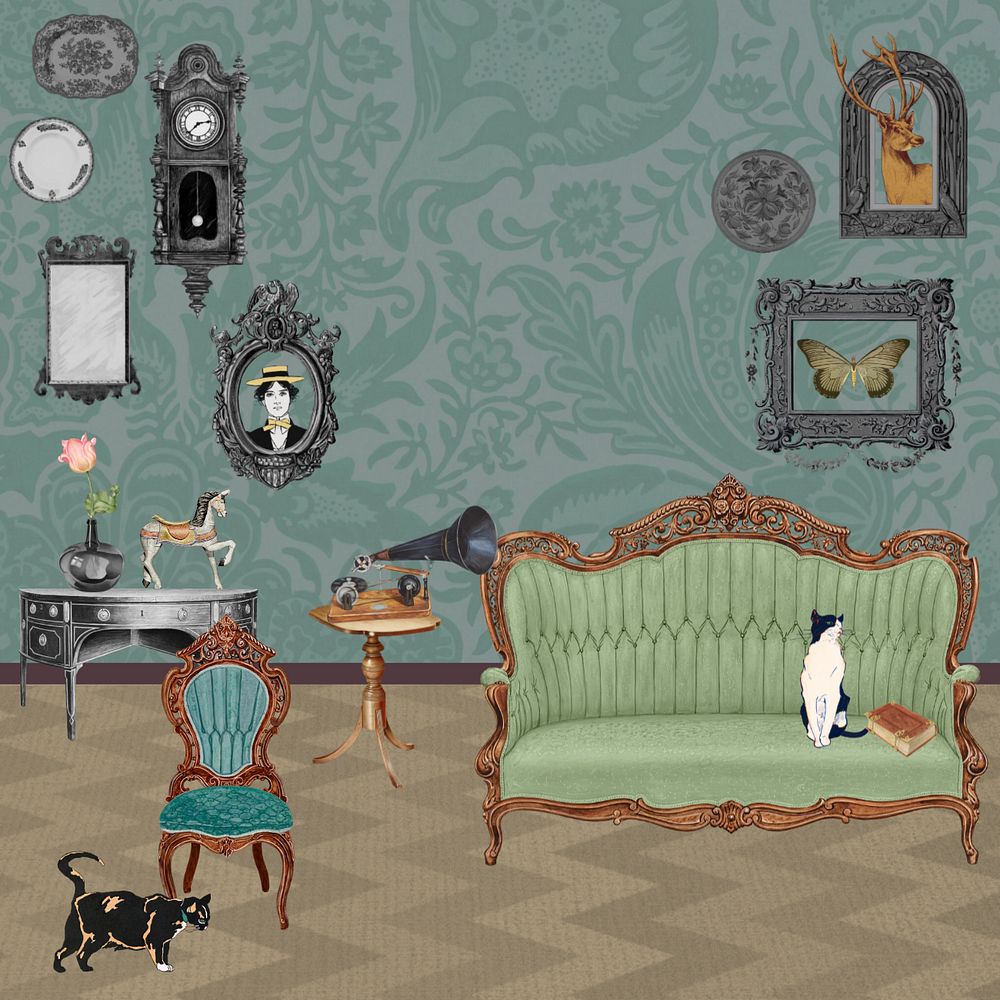 Art Nouveau living room background, editable cats in a house drawing, remixed by rawpixel