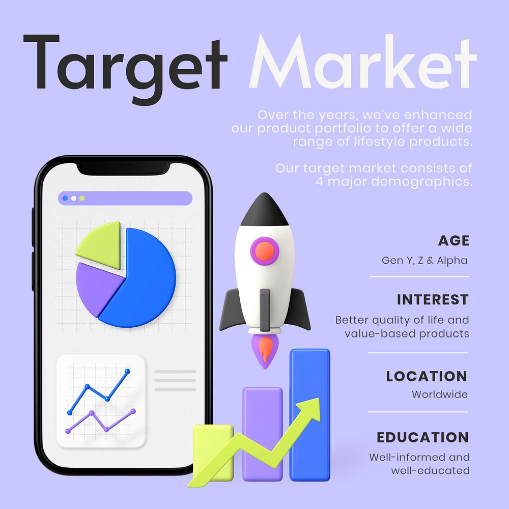 Target market Facebook ad template, editable text and 3D elements