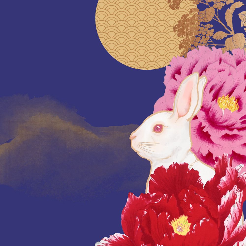 Rabbit Chinese zodiac background, blue floral, editable design