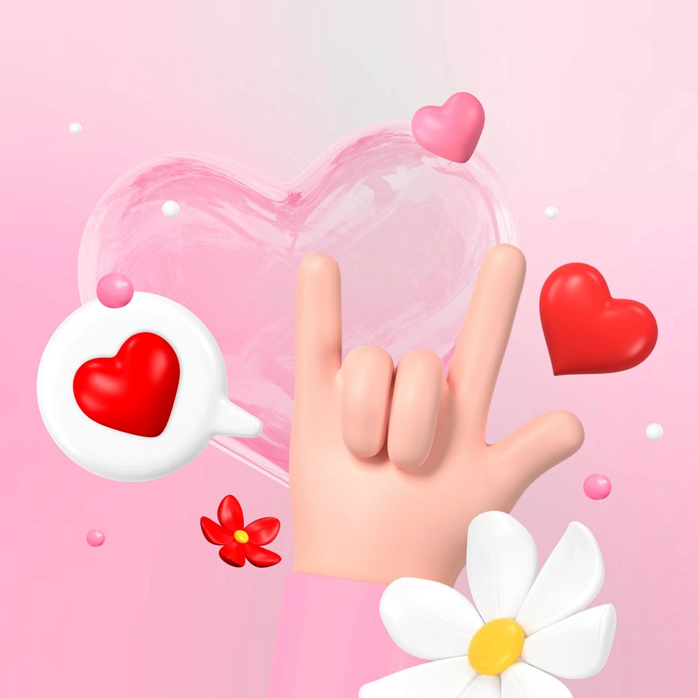 3D Valentine's Day, I love you hand sign, editable design