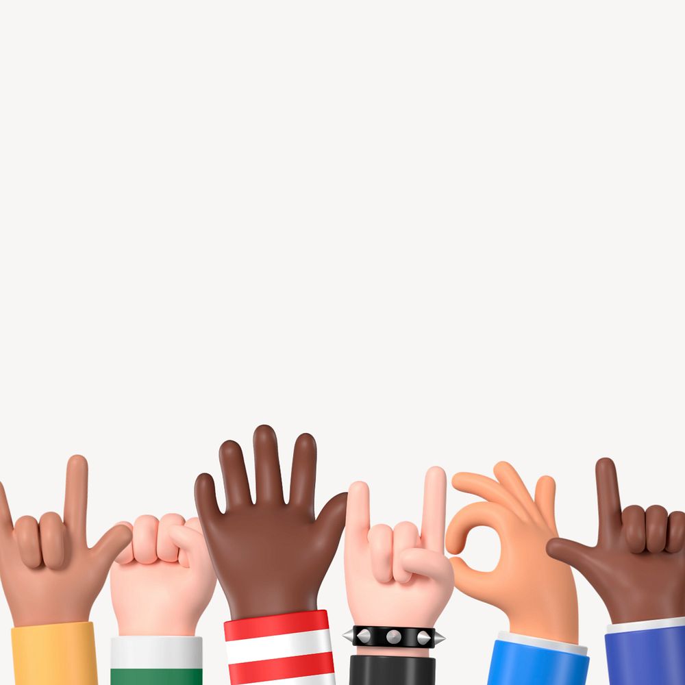 Diverse raising hands background, 3D rendering, editable design