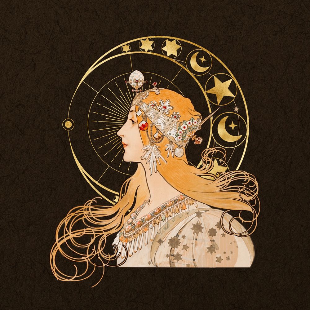 Alphonse Mucha's Zodiac, vintage woman, remixed by rawpixel, editable design