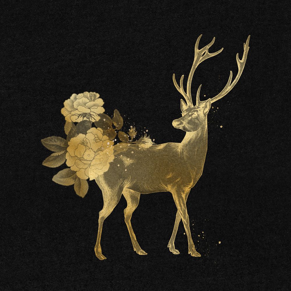 Gold deer, editable black background, remixed by rawpixel