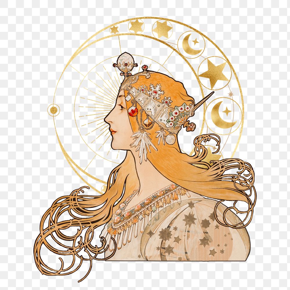 Alphonse Mucha's Zodiac sticker, vintage woman, remixed by rawpixel, editable design