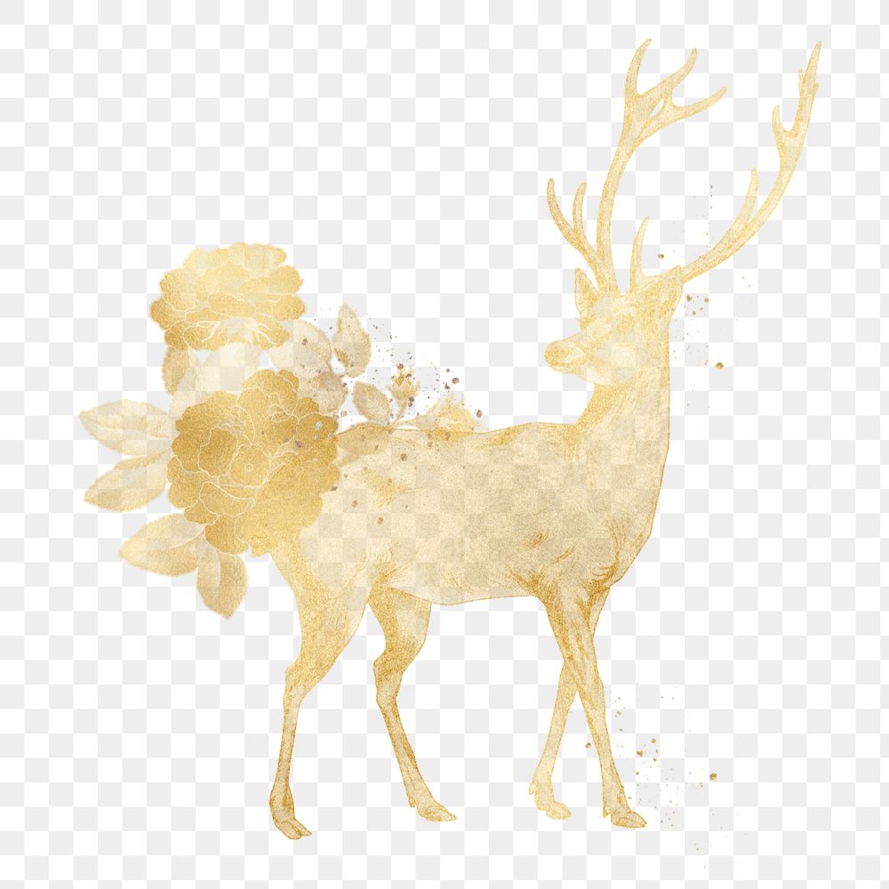 Gold stag, editable roses clipart, remixed by rawpixel