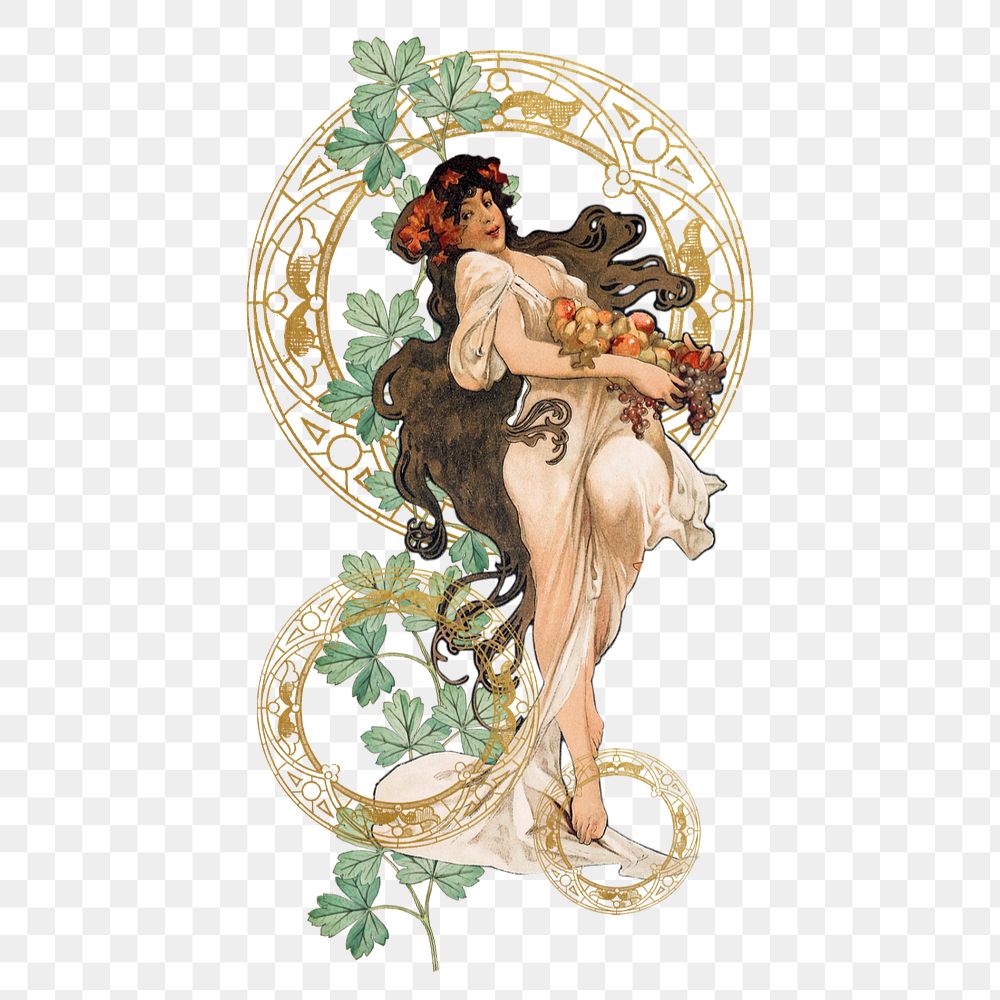 Vintage floral woman sticker, remixed from the artwork of Alphonse Mucha, editable design