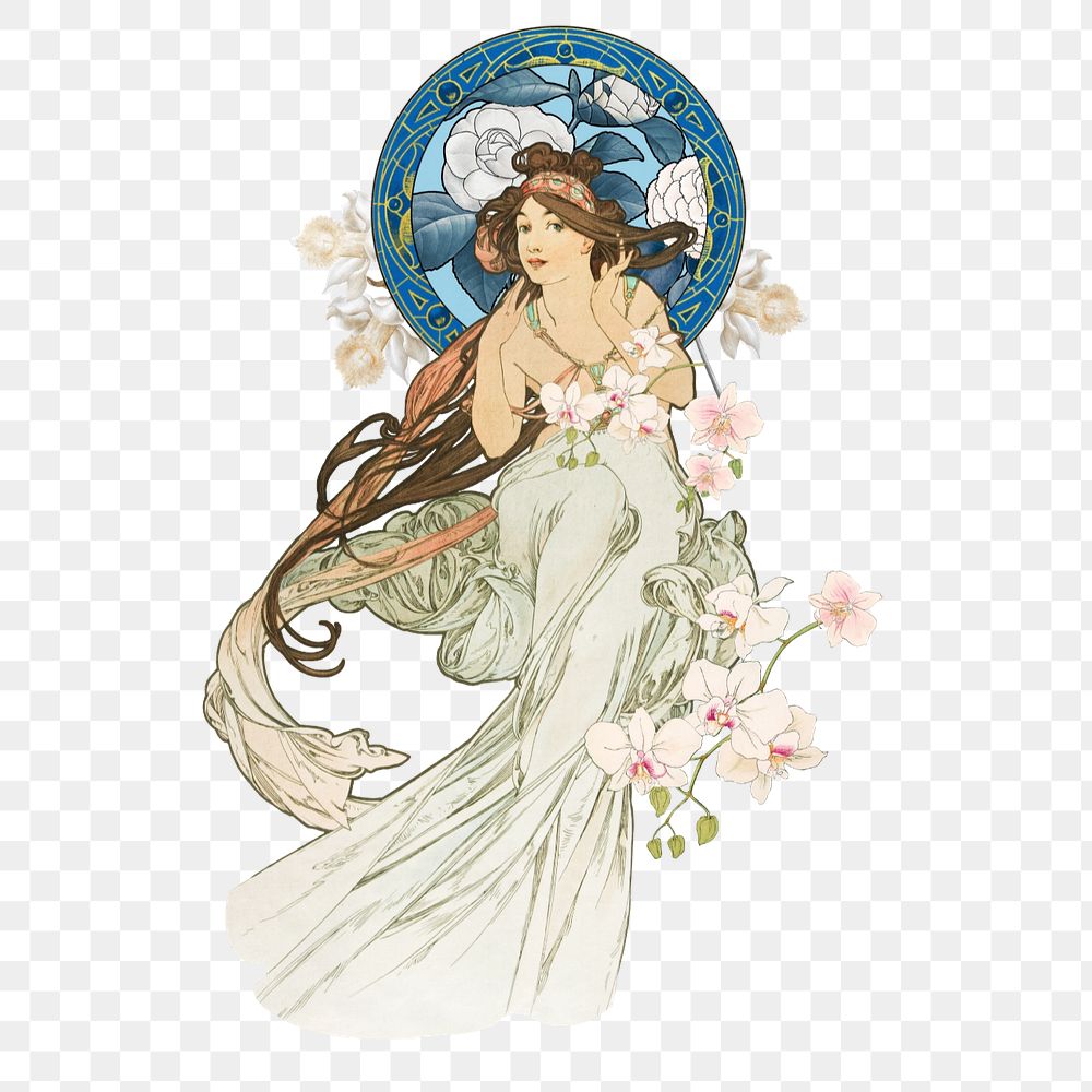 Vintage flower goddess sticker, art nouveau style, remixed from the artwork of Alphonse Mucha, editable design